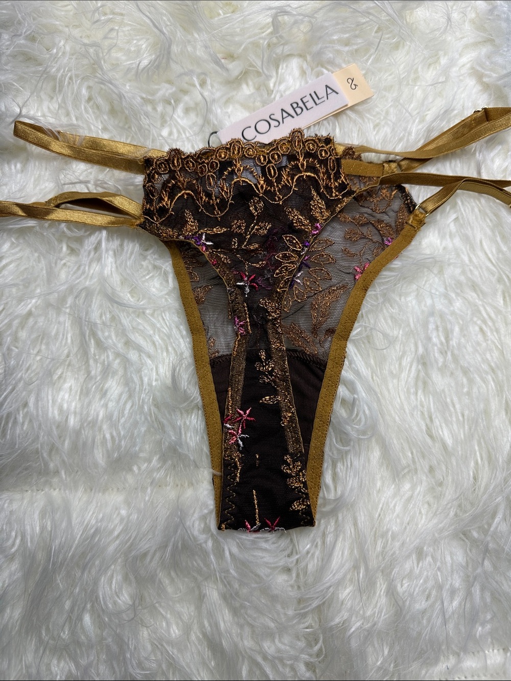 NWT Cosabella Ushuaya 32F Bra M/L Thong Lingerie Set Copper Italian Lace - Picture 12 of 13